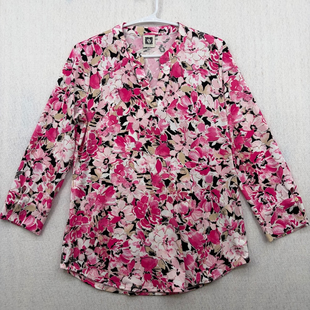Anne Klein Womens Pink Floral Split Neck 3/4 Sleeve Blouse Top Size S
